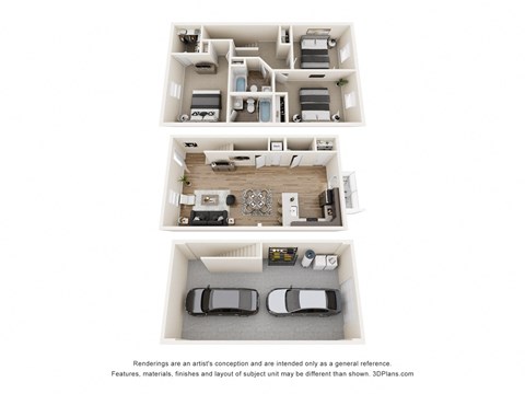 A 3D floor plan of a house with two bedrooms, a living room, a kitchen, and a garage.